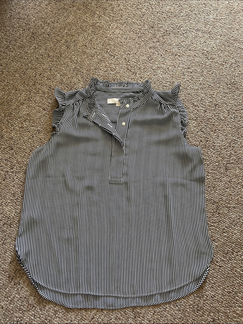 LOFT Navy and White Vertical Stripe Ruffle Sleeve Shell